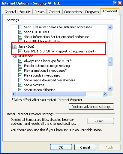 Go to Tools->Internet Options->Advanced: Check "Use JRE 1.6.0 for Applet" under Java (Sun) heading. 4.3 Setting Of Manage Add-ons